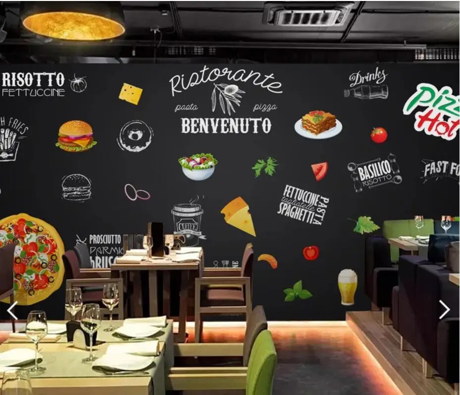 European FAST FOOD Pizza Restaurant Wallpaper  Paper Roll for Bar Black Color Background  Mural Art  Decor Custom