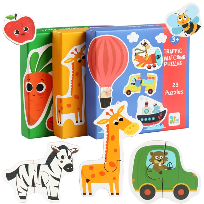 24Pcs Houten Puzzel Voor Kinderen Cartoon Dieren/Fruit Groenten/Voertuigen 3 Stijlen Montessori Educatief Speelgoed Voor Kinderen