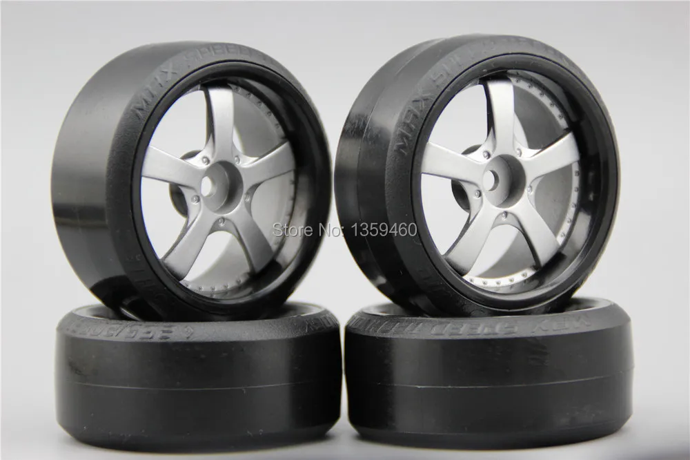 Pre-Glued 4pcs RC CS-R Drift Tires Tyre Wheel W5S2S 4mm offset (Painting Silver) With Silencing Sponge For 1/10 drift