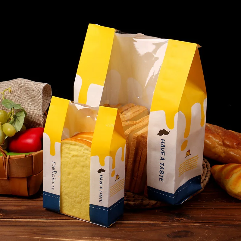 

Kraft Paper Packing Bag Paper Bread Bag Big Capacity Food Grade Nontoxic Hand Torn Cartoon Window-Open Oil-Absorbing Paper 25pcs