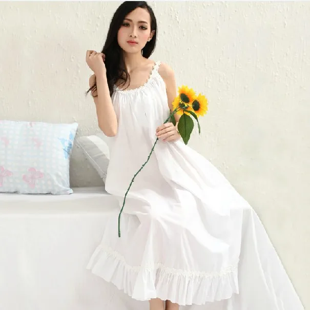 

pure cotton skirt strap nightgown fresh royal white sexy sleepwear female full dress plus size loose lounge