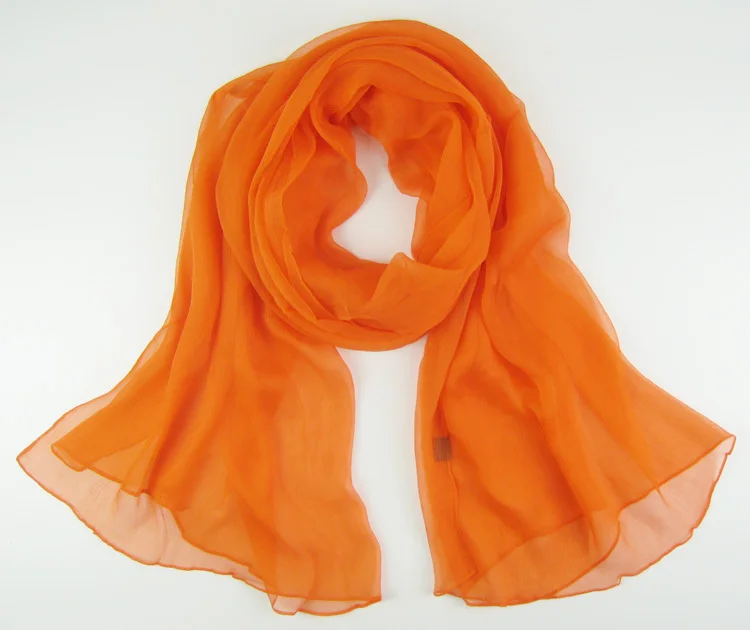 100% Zijde Crinkle Georgette Lange Sjaal 110cmX180cm Pure Zijde Sjaal Vrouwen Effen Kleur Groot Formaat Chiffon Sjaal Oranje