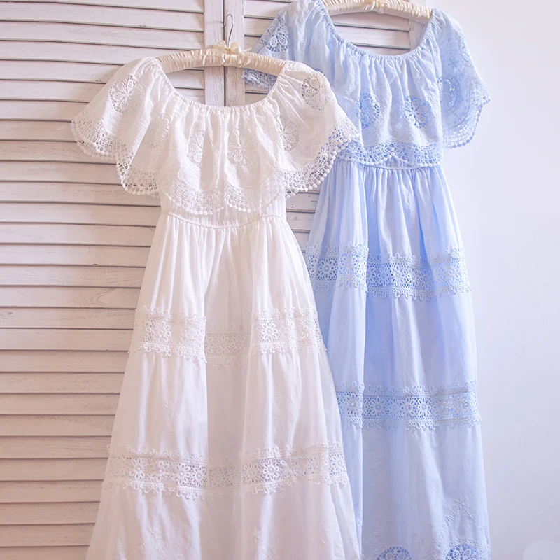 TIYIHAILEY-High Quality Cotton Embroidery Dress, Summer Long Dress, Mid Calf White Dress, Slash Neck Dresses, Japan Style