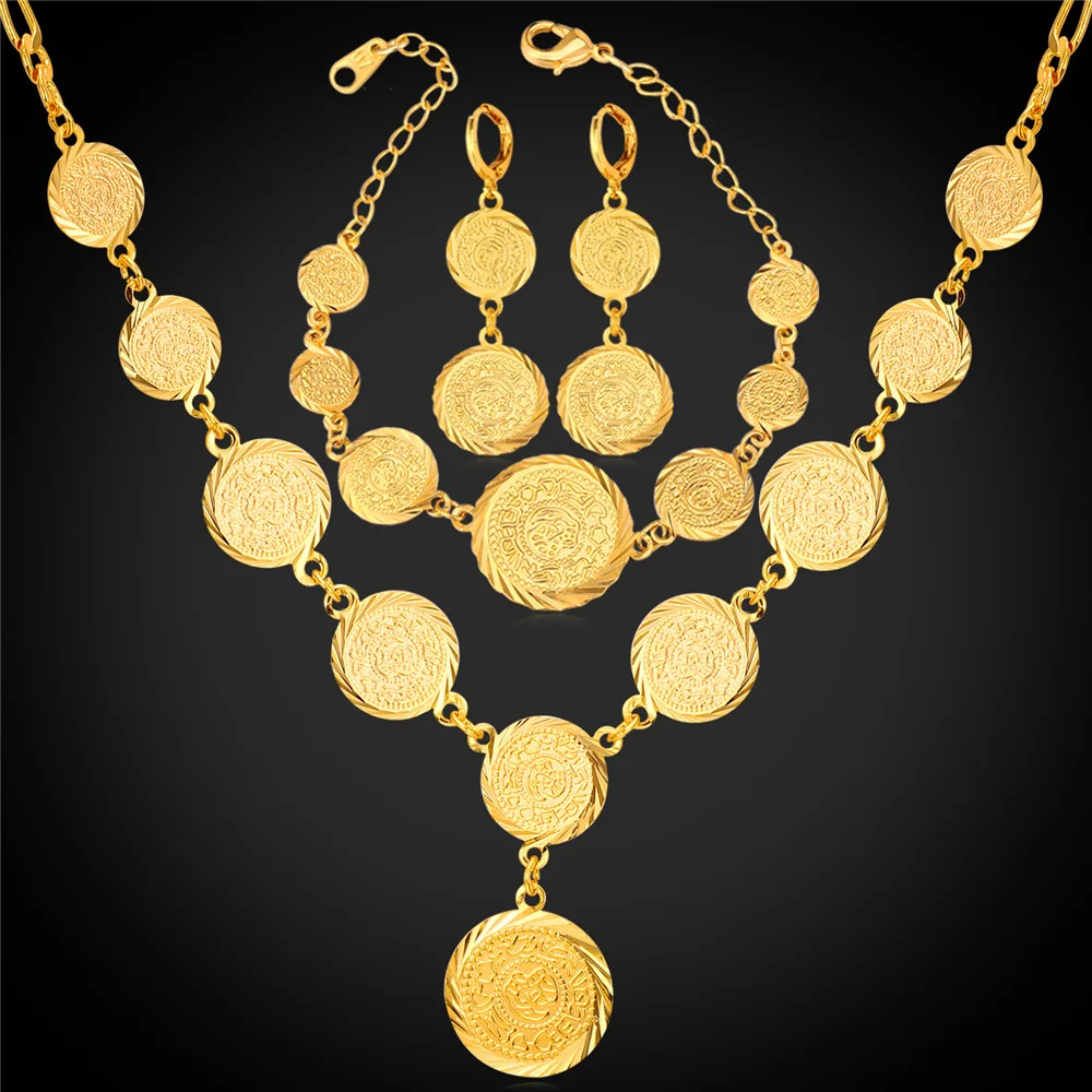 

Coin Necklace Bracelet Earrings Jewelry Set For Women Muslim Arabic Money Sign Gold Color Middle Eastern/ African Vintage NEH882