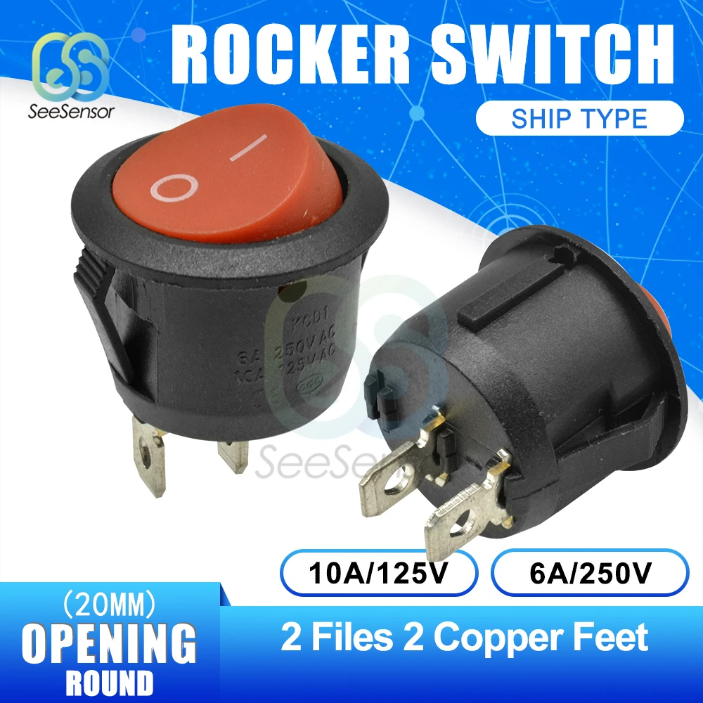 5 개/몫 20mm 미니 라운드 로커 스위치 플라스틱 푸시 버튼 스위치 6A 250VAC 10A 125VAC ON-OFF ON-OFF-ON 2Pin 3Pin