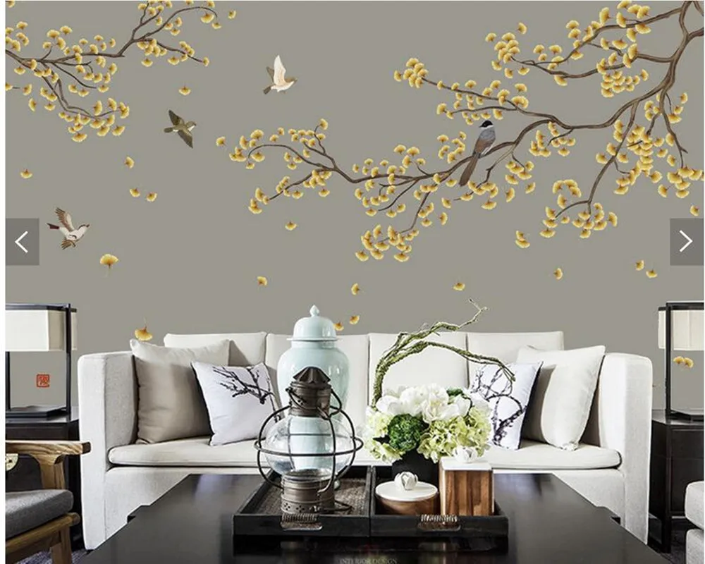 

Custom Chinese wallpaper, ginkgo flower and bird murals for living room bedroom sofa background home decoration wallpaper