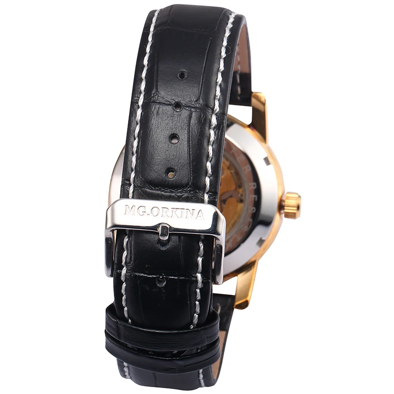 MG. Orologio da uomo di lusso orgw cintura in pelle Retro quadrante scheletro dorato nero Relogio orologio da uomo meccanico automatico Masculino