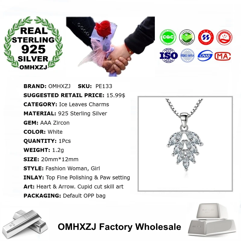 OMHXZJ Wholesale Fashion Ice Leaves OL Woman Girl Gift AAA Zircon 925 Sterling Silver Pendant Charms PE133 ( NO Chain Necklace )