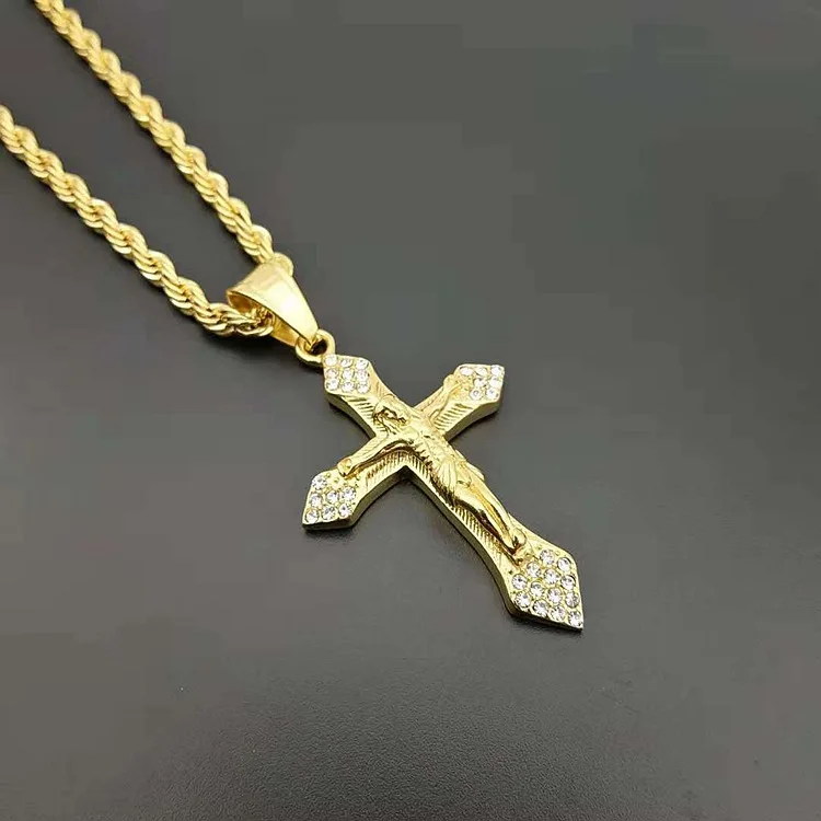 Gold color tone Cross Christ Jesus Pendant Necklace with zircon 316L Stainless Steel Link rolo Chain Heavy Men Jewelry Gift