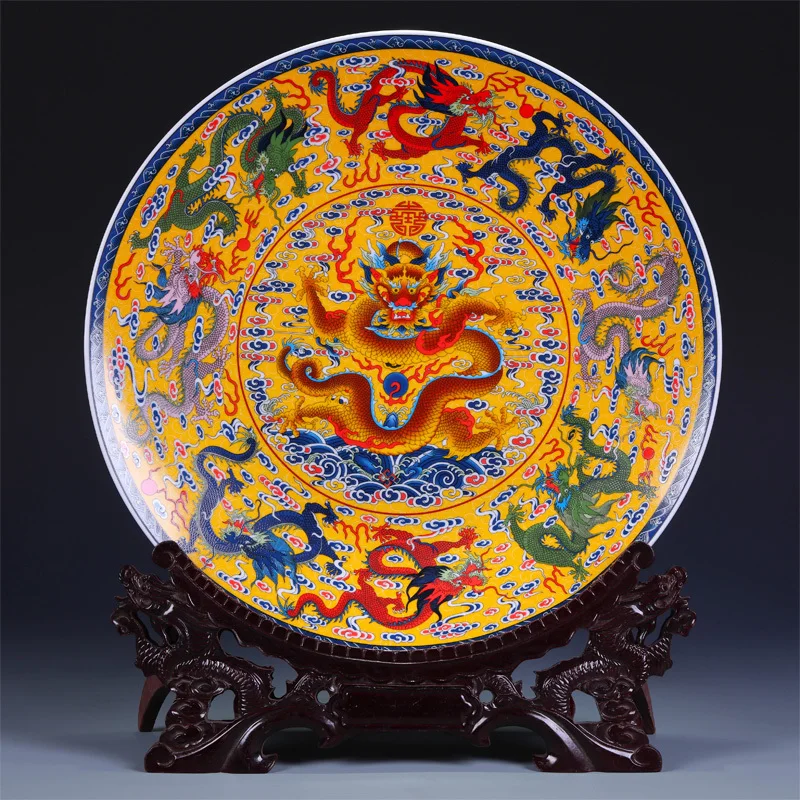 Fengshui Art Ceramic Ornamental Plate Ancient China Nine Dragons Decoration Wood Base Porcelain Traditional Chinese Plate Set - Image 3
