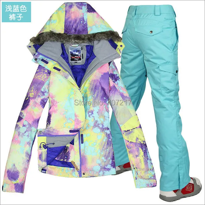 Ski Suit Dames Sale Womens Violet|Pink|Light Blue Snowboarding Jacket And Light Blue Pants Set Snow Wear Ski wear Waterproof 10K