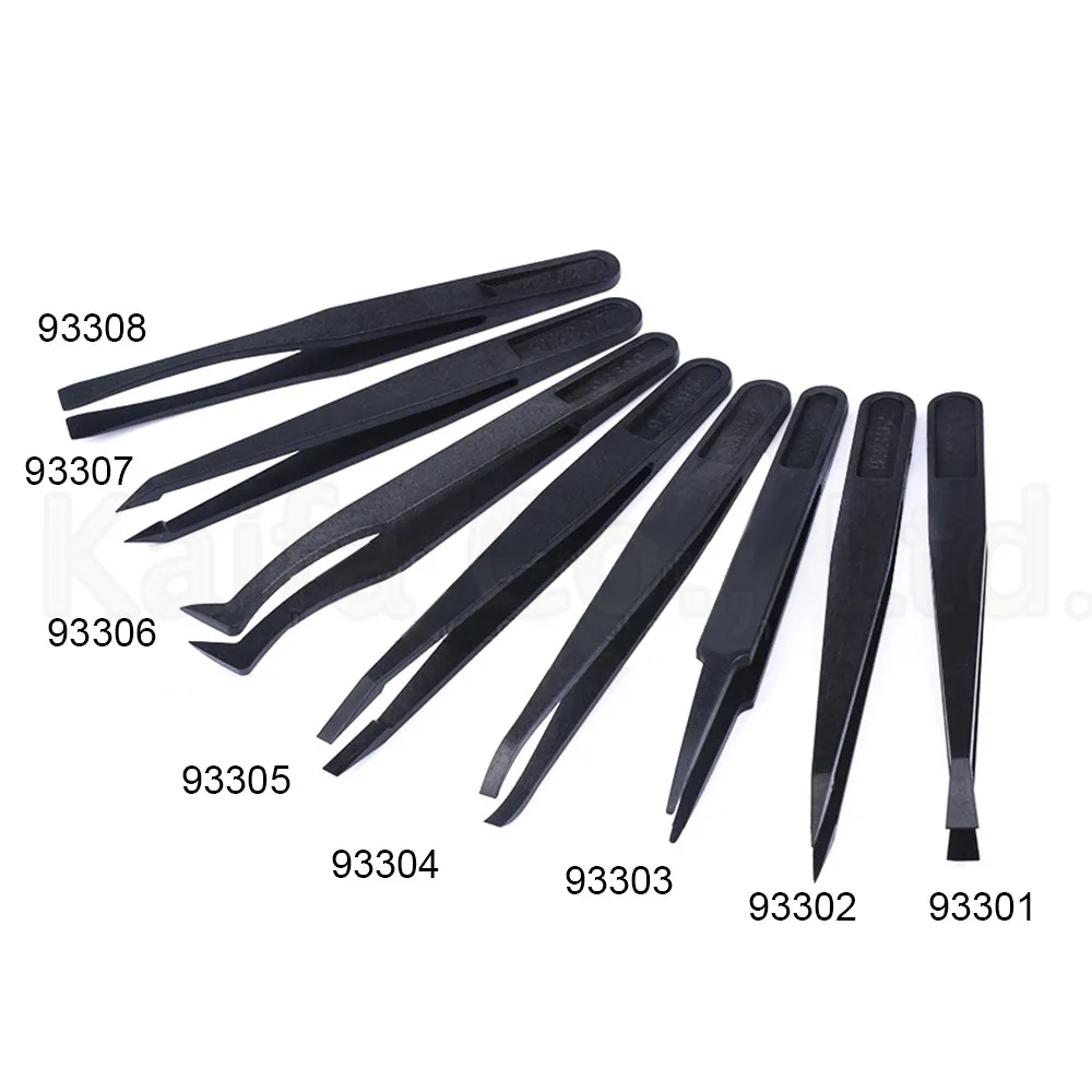 1/8 PCS Black Anti-static Plastic Tweezer Heat Resistant Repair Tool Straight Bend 8 Models Available 93301 to 93308