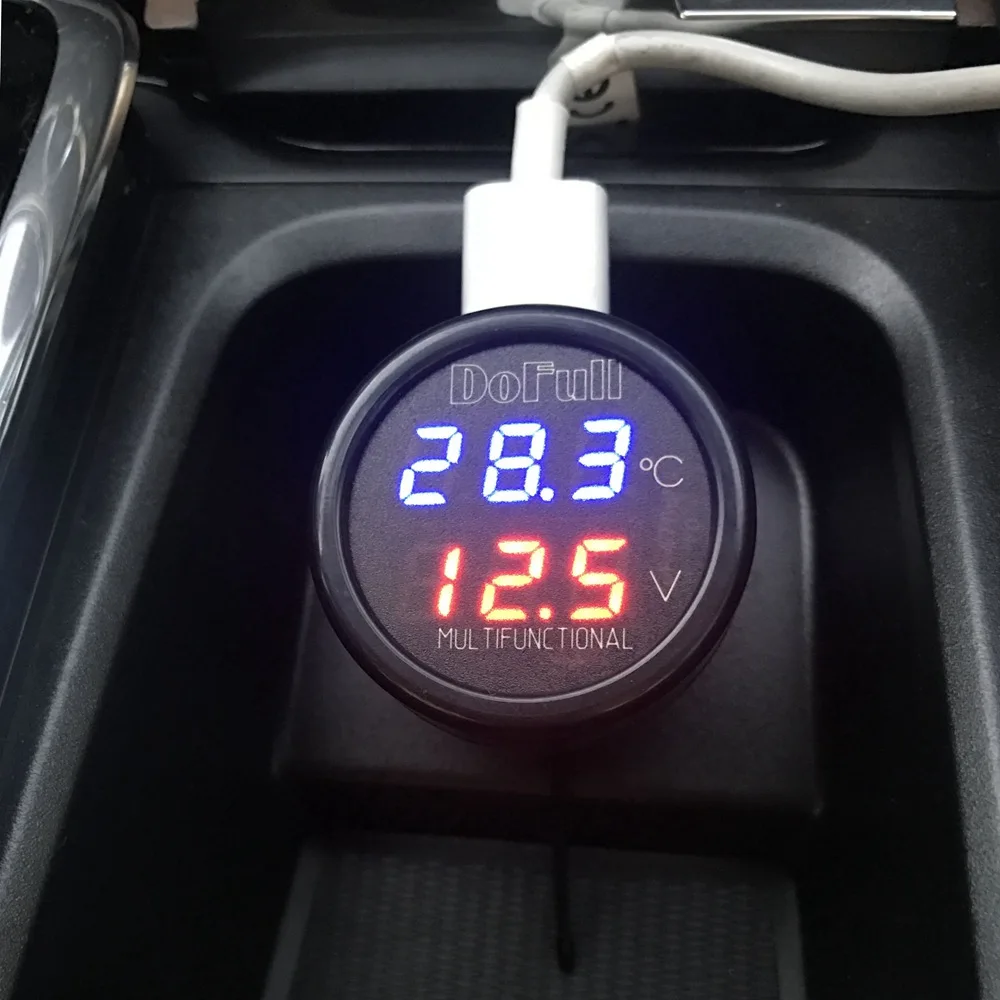 Carregador Usb Digital para Carro Voltímetro e Medidor de Temperatura de Bateria de 12v e 24v