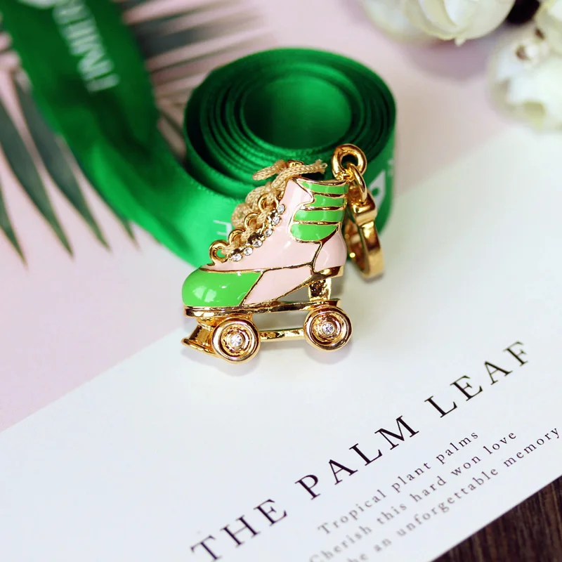 Fashion Small Pink/Green Roller skates Charm Handbag Zipper Chains For Women Bracelet, Necklace Pendant Jewelry Girl Gift