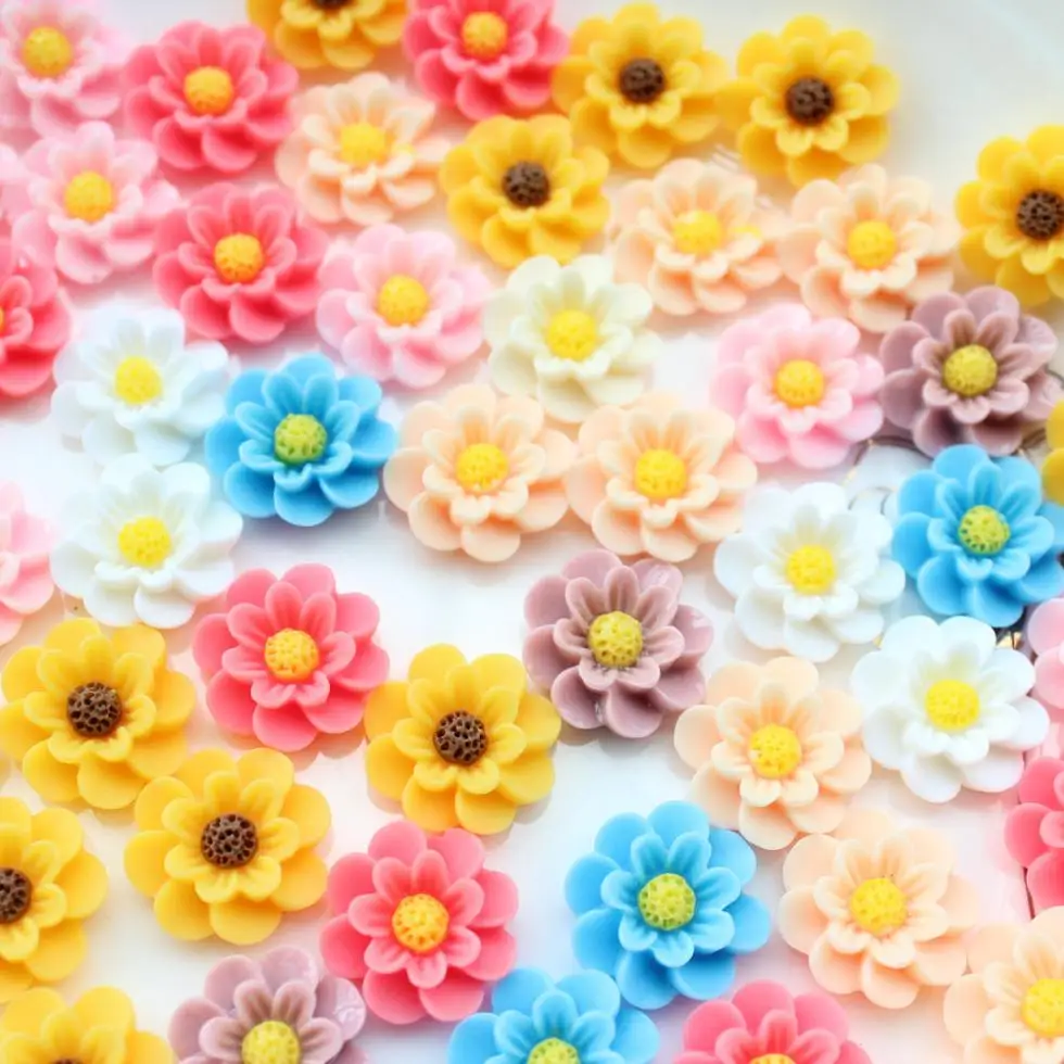 200pcs Mix Color 14mm small 2 tones Daisy Sunflower Resin Flower Flat Backs, Sunflower Cabochons Dahlia