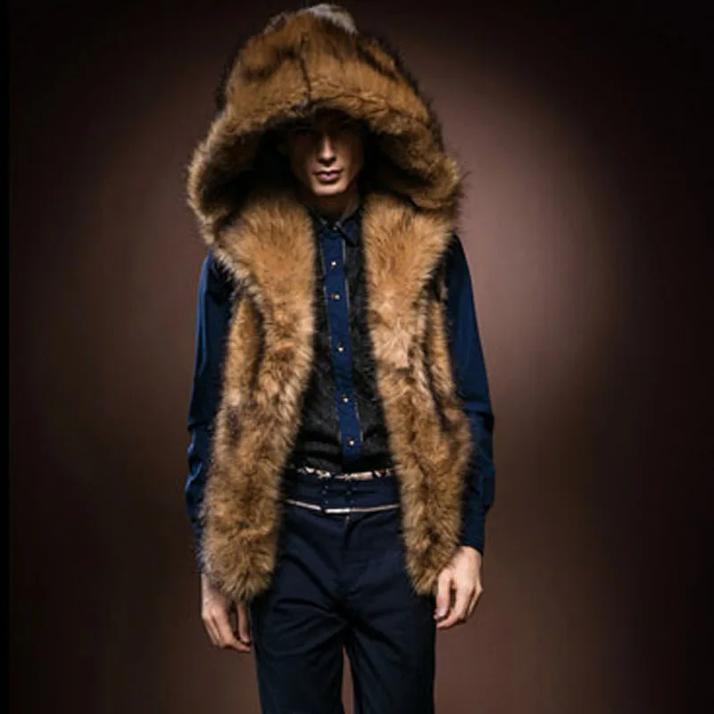 New Fashion Winter Men Fur Vest  Thick Fur Hooded Vests Men Waistcoats Males Sleeveless Outerwear Brand Clothing Coat Vests