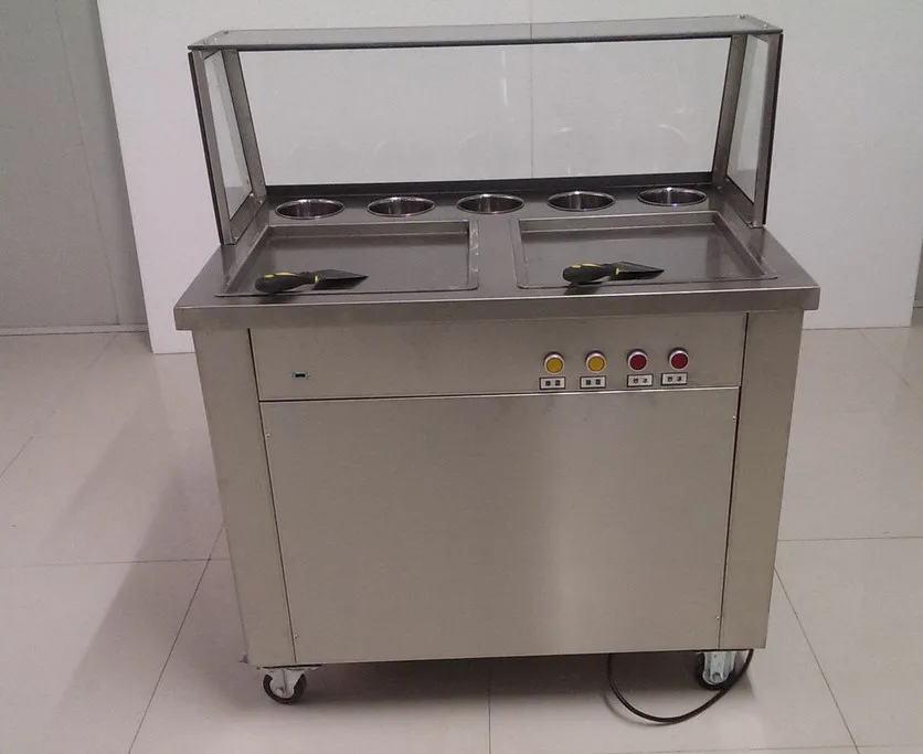 Movable ice Fried Machine Double Pots Commercial Fried Ice Cream Machine Roll Ice Cream Ice Frying Machine Roll Ice Cream Maker