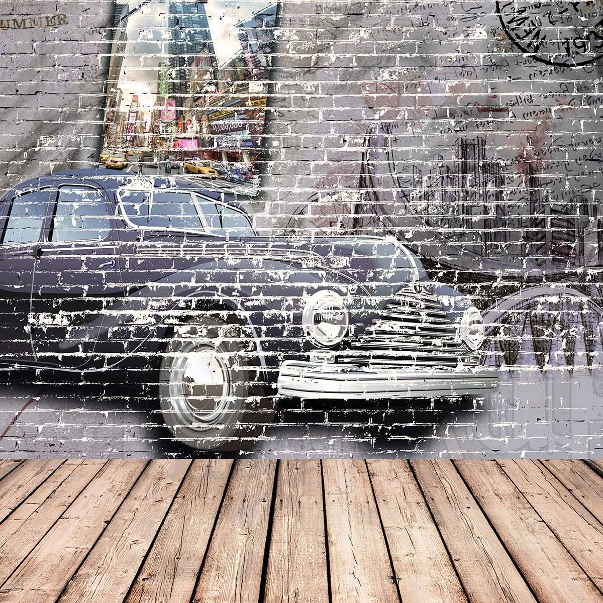 Allenjoy photography background store Graffiti wall theme backdrop Vintage car postcard Wood flooring background New Arrivals