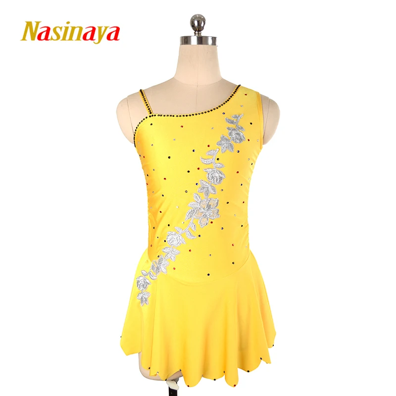 Women's Children's Rhythmic Gymnastics Yellow Silver Flower Performance Dress Figure Skating Dress Customized Competition