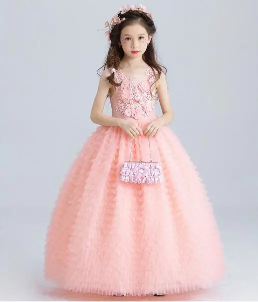 

Luxury Pink Tulle Flower Girl Dress Kids Wedding Dress Ankle Length Appliques Bead Kids Party Prom Dress First Communion Dresses