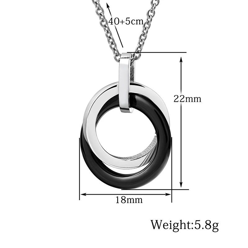 Black White Double Circle Ceramic Necklace Pendant With Stainless Steel Classic Simple Style Pendant Jewelry For Female