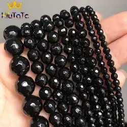 Natural Faceted Black Agates Onyx Stone Beads Round Loose Spacer Beads For Jewelry Making DIY Bracelet 15'' Strand 4/6/8/10/12mm