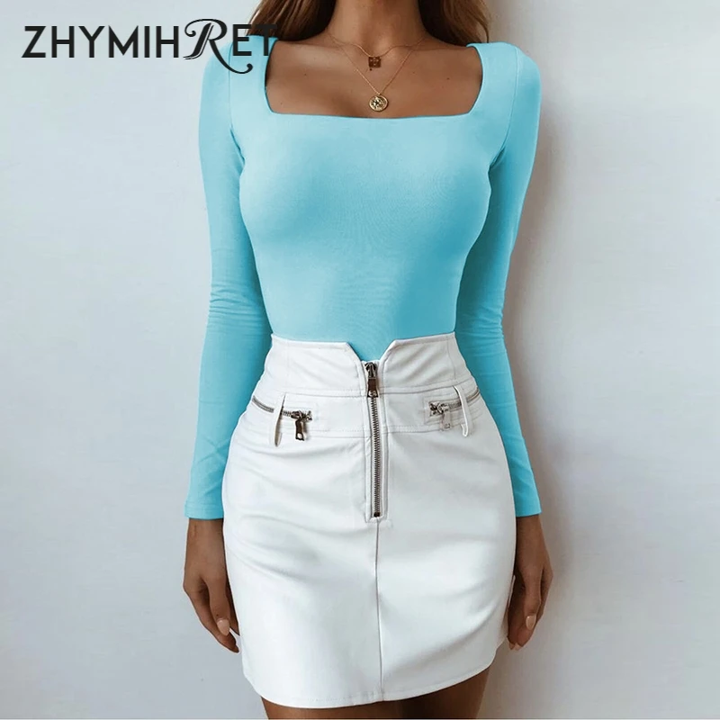 ZHYMIHRET-Camiseta Sexy De cuello cuadrado para Mujer, Camiseta De manga larga para Mujer, ropa De calle, Camiseta para Mujer, Poleras De Mujer a la Moda