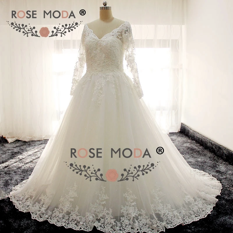 Rose Moda Long Sleeves V Neck Princess Lace Wedding Dress Real Photos Custom Make