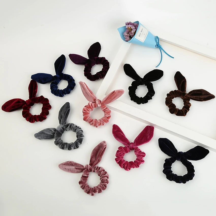 1 pcs 20 Colors Good Quality Women Bunny Ear Velvet Scrunchies Knot Bow Elastic Hair Band Rabbit Ear Ponytail Holder Hair Tie