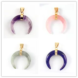 Crystal Crescent Moon Natural Amethyst Rose Quartz Lapis Lazuli Black Agate Opal Stone Pendant Jewelry For Anniversary Gifts