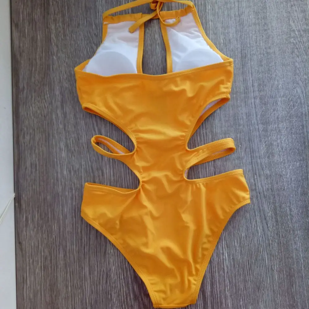 2019 Sexy żółty Halter wyciąć bandaż Trikini pływać strój kąpielowy Monokini Push Up brazylijskie stroje kąpielowe jednoczęściowy strój kąpielowy