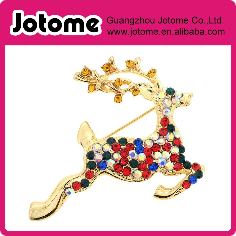 Multicolor Christmas Reindeer Crystal Pin Brooch 1.875 x 1.875 inches