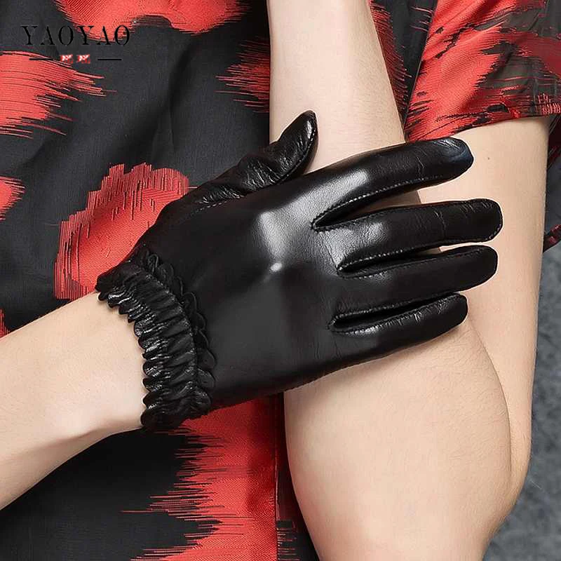 YY8850 Branded Women Genuine Leather Gloves Feminino Lace Convergent Driving Short Thin Luvas Mujer Short Guantes Screen Touched