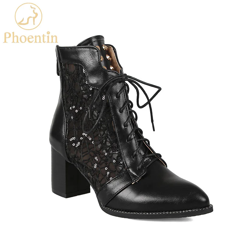 Phoentin cross-tied mesh summer boots rivet back zipper 2019 PU leather sandal boots Lace up women big size shoes brown FT629