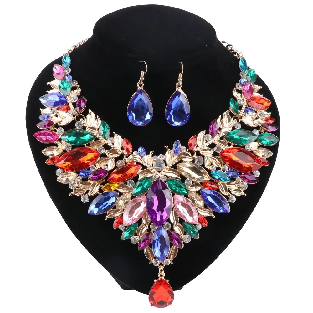 Fashion Bridal Costume Crystal Choker Necklace For Women Statement Necklaces Earring Collar Boho Jewelry Sets 7 Colors