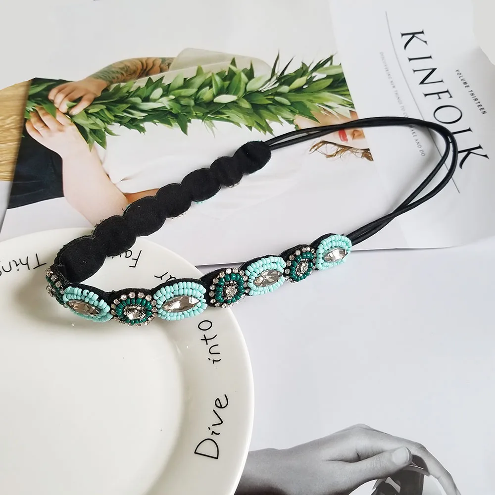Ethnic Turquoise Handmade Beads Flower Rhinestone Headband Women Girl Elastic Wedding Hairbands Hair Accessories Bridal Top Sale