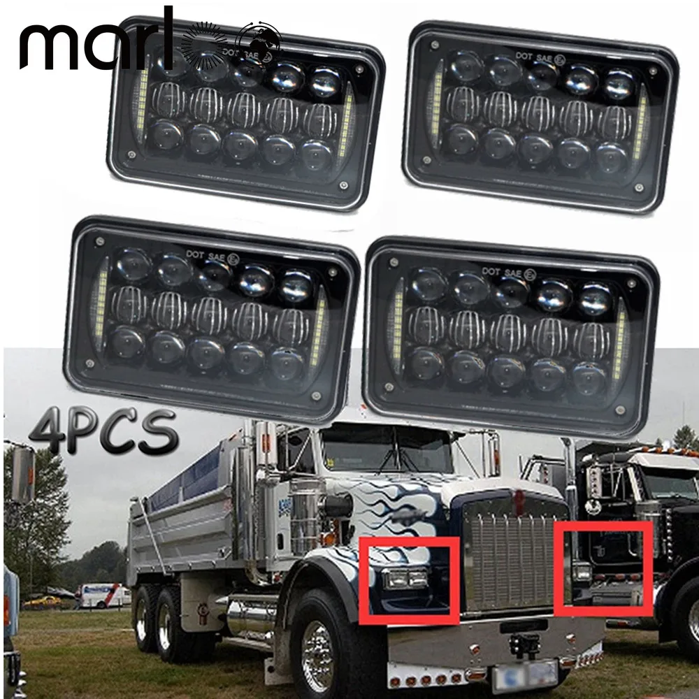 4pcs 4X6 inch Rectangle LED Headlight Replacement HID Xenon H4651 H4652 H4656 Front led headLight For Kenworth with White DRL