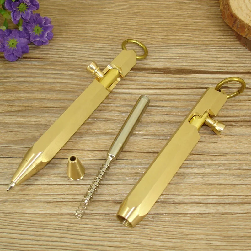 ACMECN New Arrival 90mm Mini Pocket Ball Pen with key ring Pure Brass Ballpoint Pen Gun Style Hexagonal Copper Tactical Pens