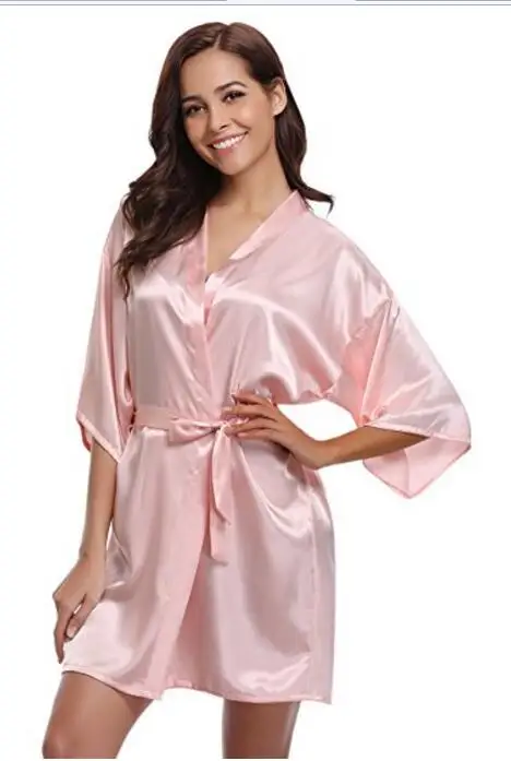 Women Silk Satin Short Night Robe Solid Kimono Robe Fashion Bath Robe Sexy Bathrobe Peignoir Femme Wedding Bride Bridesmaid Robe