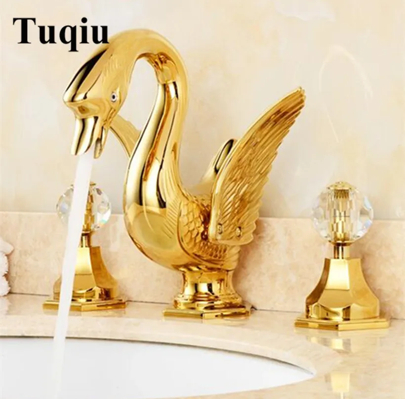 Luxury Basin Faucet Widespread Hot and Cold Swan Sink Faucet Crystal Handle Gold Solid Brass Basin Mixer