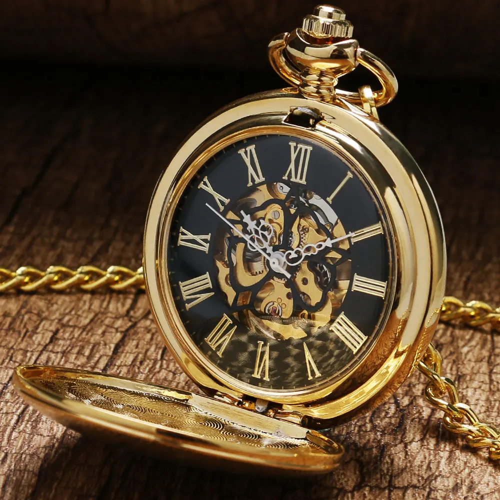 Antique Steampunk Luxury Golden Shield Design Skeleton  Dial Mechanical Hand Winding Pocket Watch For Men Women Gift With Chain