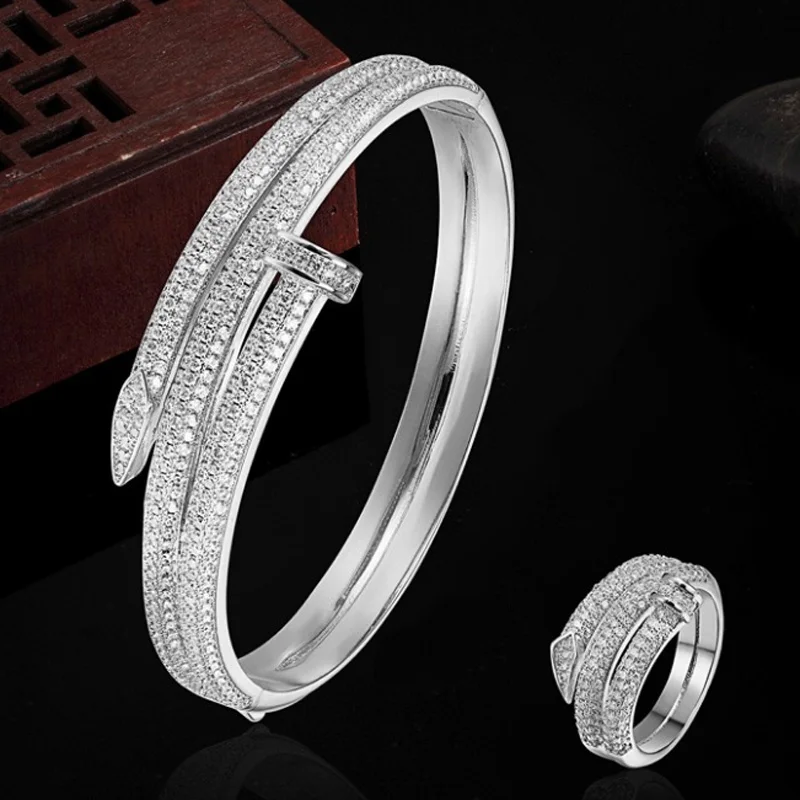 Zlxgirl Copper jewelry sets Women Love Bangle Ring Wedding Jewelry Sets AAA Cubic Zircon bridal wedding Accessories Sets