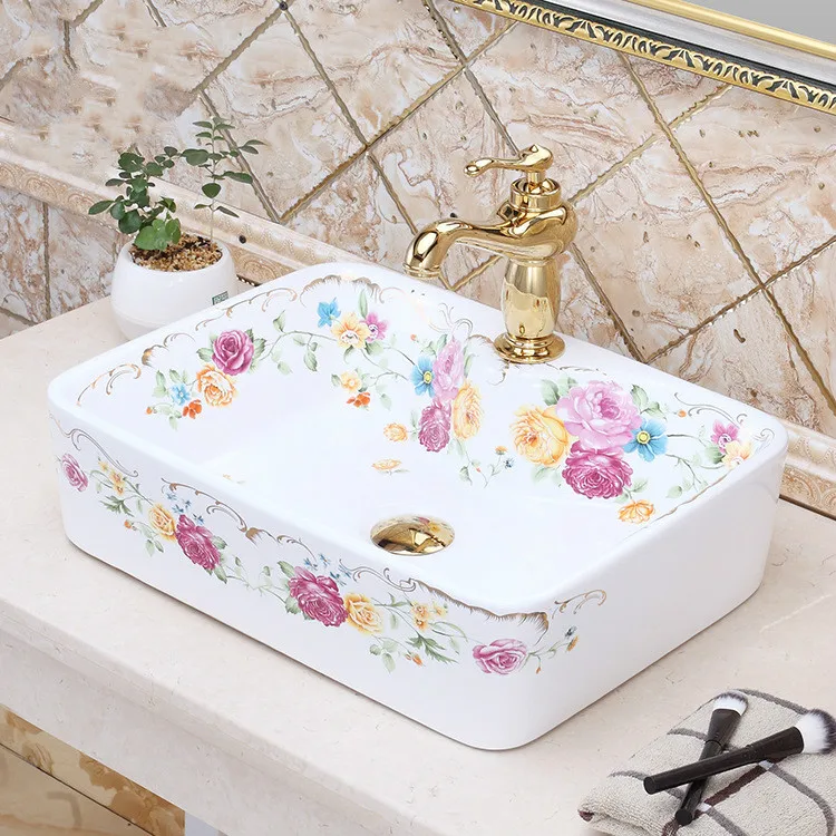 

Rectangular Ceramic China Painting wash basin Bathroom vessel sinks toilet bowls and basin rose pattern