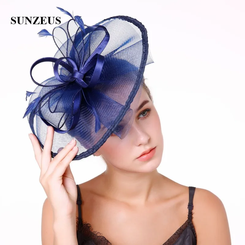 Ribbon Satin Flowers Big Hats for Bridal Feathers Fascinators Wedding Party Hat Hair Accessories Tulle cappelli da cerimoni SH48