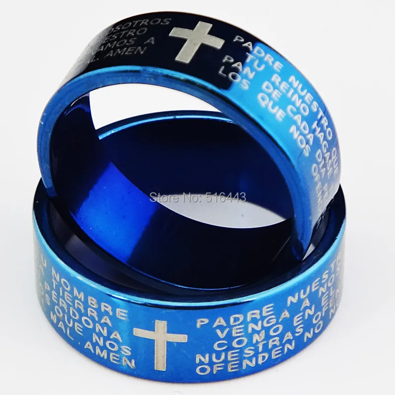 10pcs Guaranteed  New 6m Religious Blue 316L Titanium Stainless Steel Cross Verses Men's Women Ring Wholesale Jewelry Lots A065