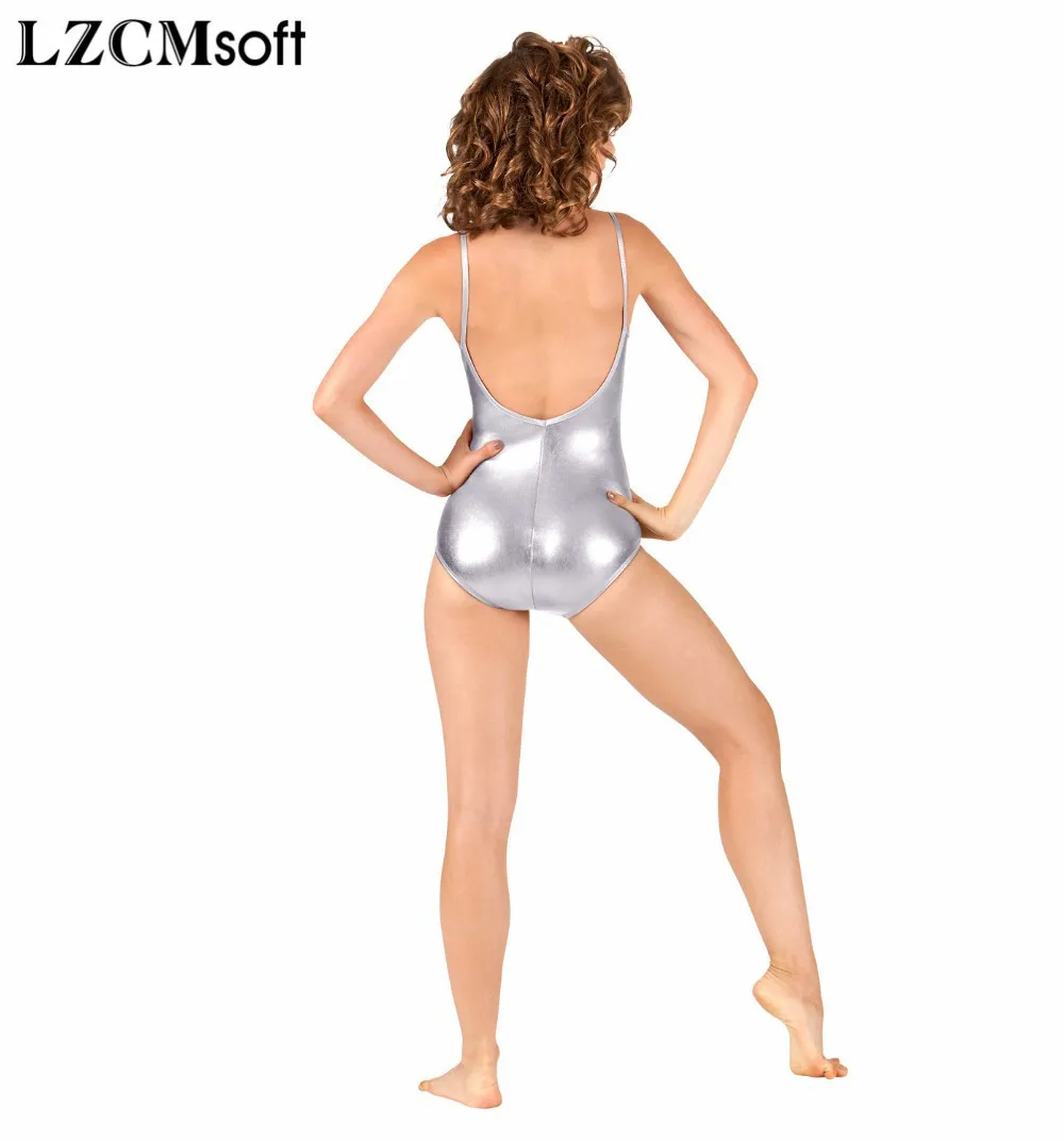 LZCMsoft Adult Shiny Camisole Gymnastics Leotard Women\'s Sleeveless Metallic Leotards for Dancers Sexy Tank Tops Backless Design