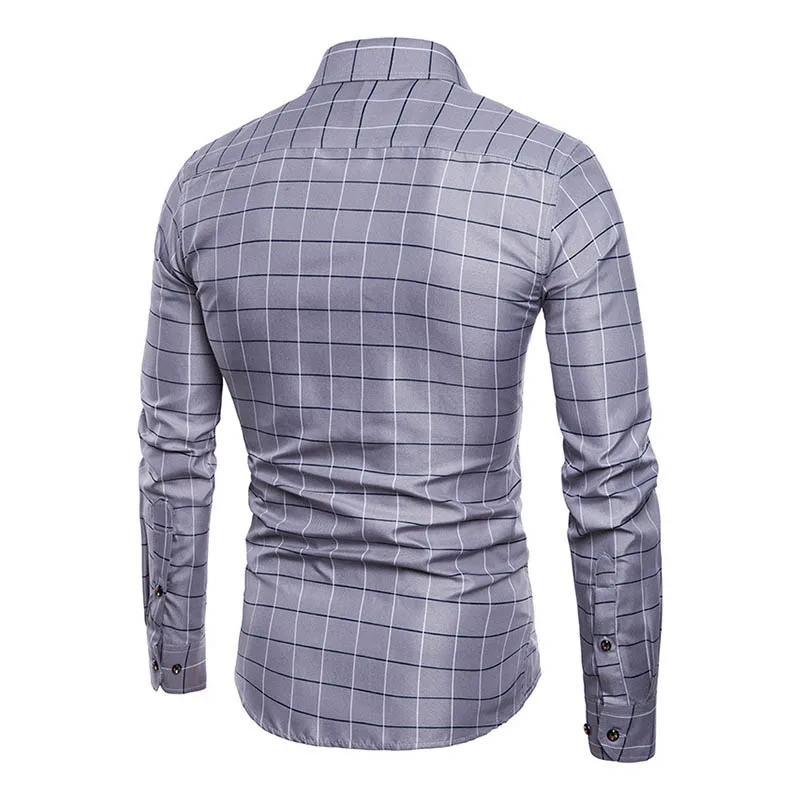 2018 nouveau hommes Chemise revers à manches longues grille mince avant bouton décontracté coton pour fête d'affaires Camisa Masculina Chemise Homme