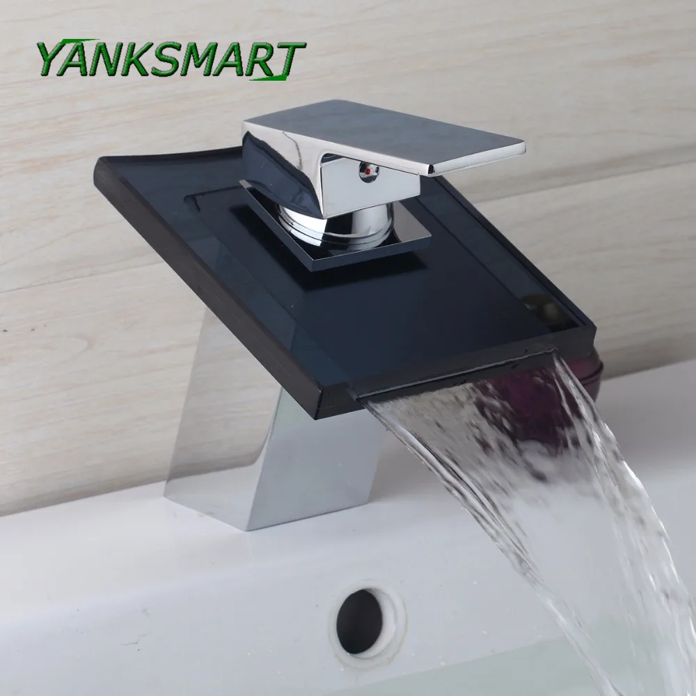 

YANKSMART Black Glass Brass Waterfall Spout Faucet Deck Mounted Chrome Bathroom Basin Sink Mixer Taps