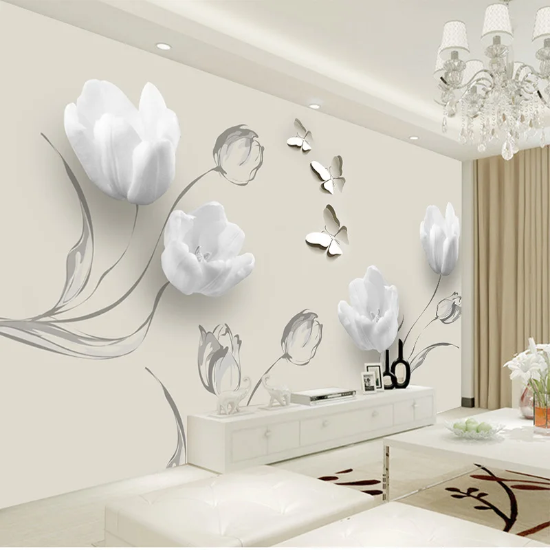 Fashion Simple Tulip Butterfly Photo Mural Wallpaper 3D Living Room TV Sofa Background Wall Cloth Decoration Papel De Parede 3D