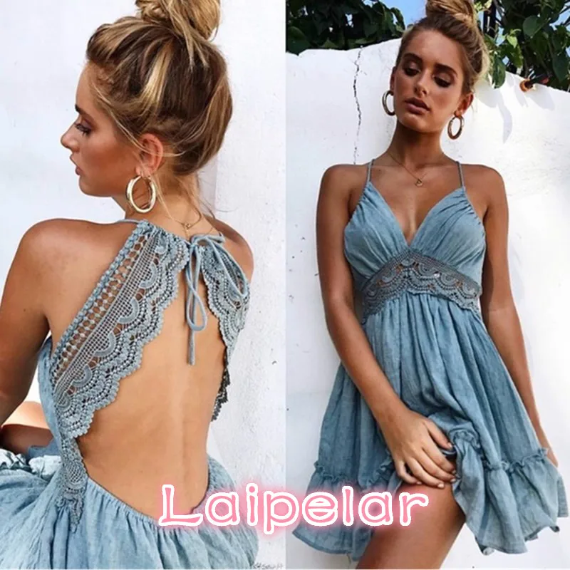 Sexy Crochet Lace Backless V Neck Summer Dress Women Strap Sleeveless Hollow Out Short Dress Casual Beach Party Dresses Vestidos